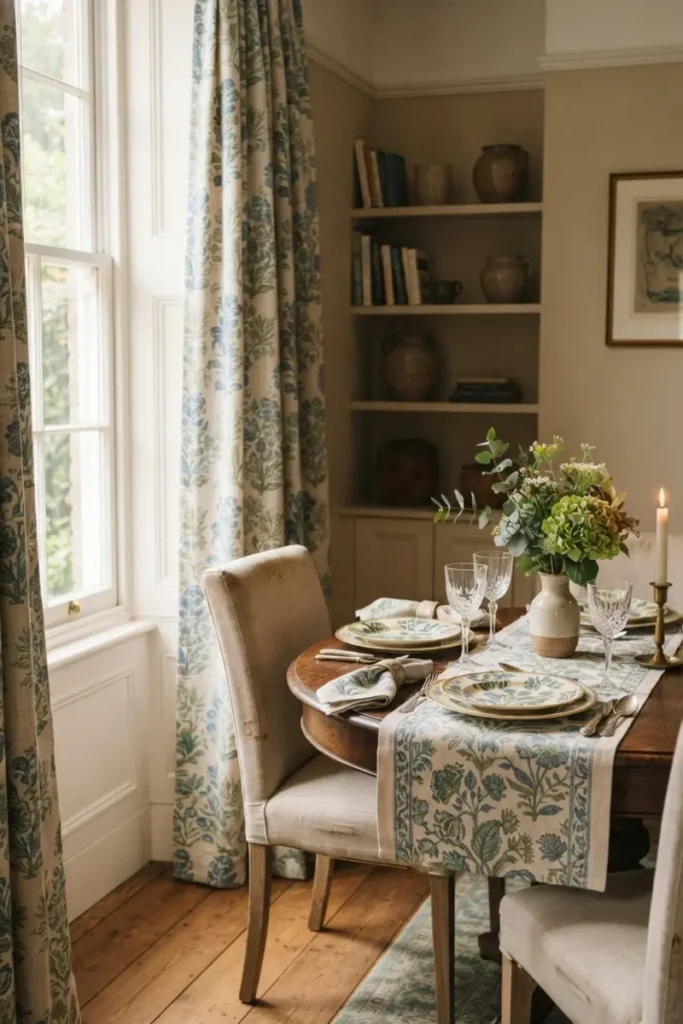 Floral patterned curtains echoing the botanical print of the dining table runner and place settings