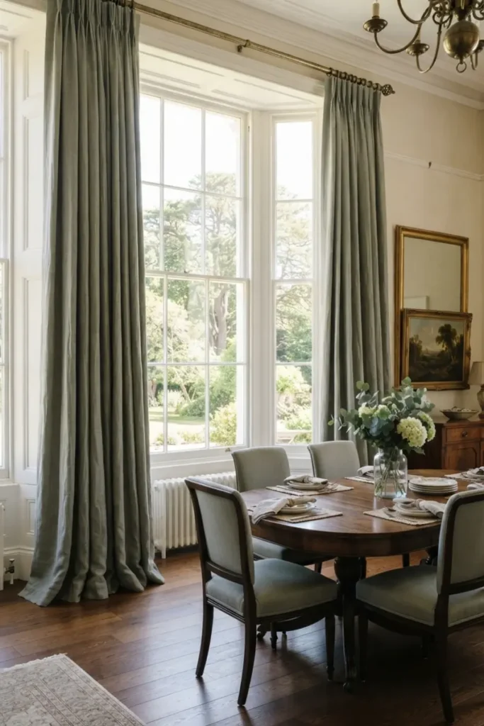 Wide, generously full sage-grey curtain panels spanning a large bay window in a dining room