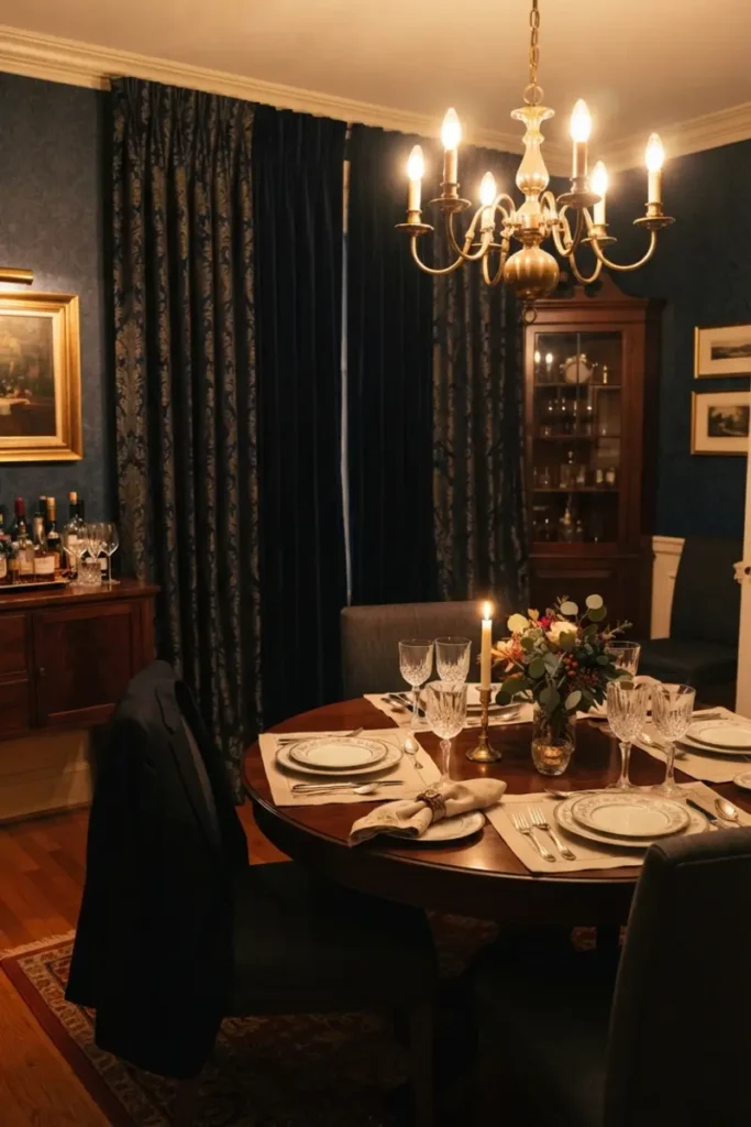 Heavy blackout-lined curtains fully closed in a dining room set for evening entertaining