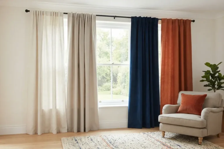 Curtain color guide — cream, beige, navy, and rust curtains hanging side by side at window