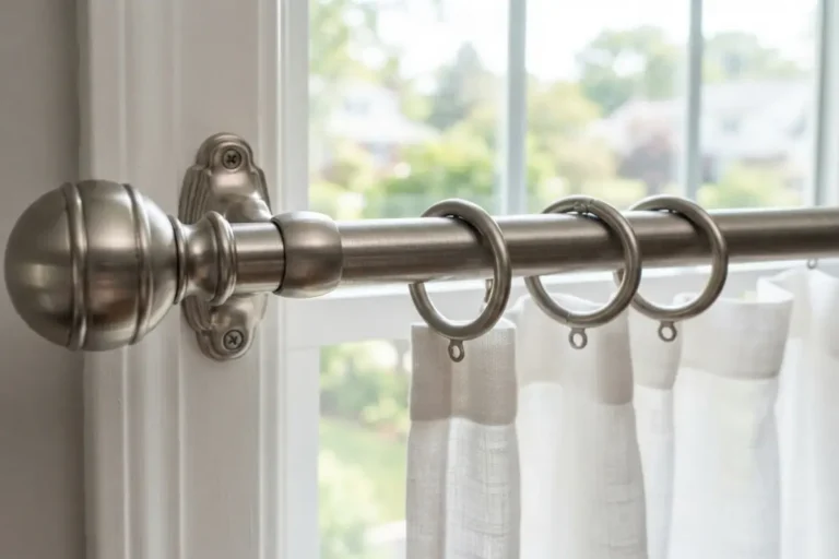 Curtain hardware guide — rod with brackets, finial, and rings holding white curtain panel