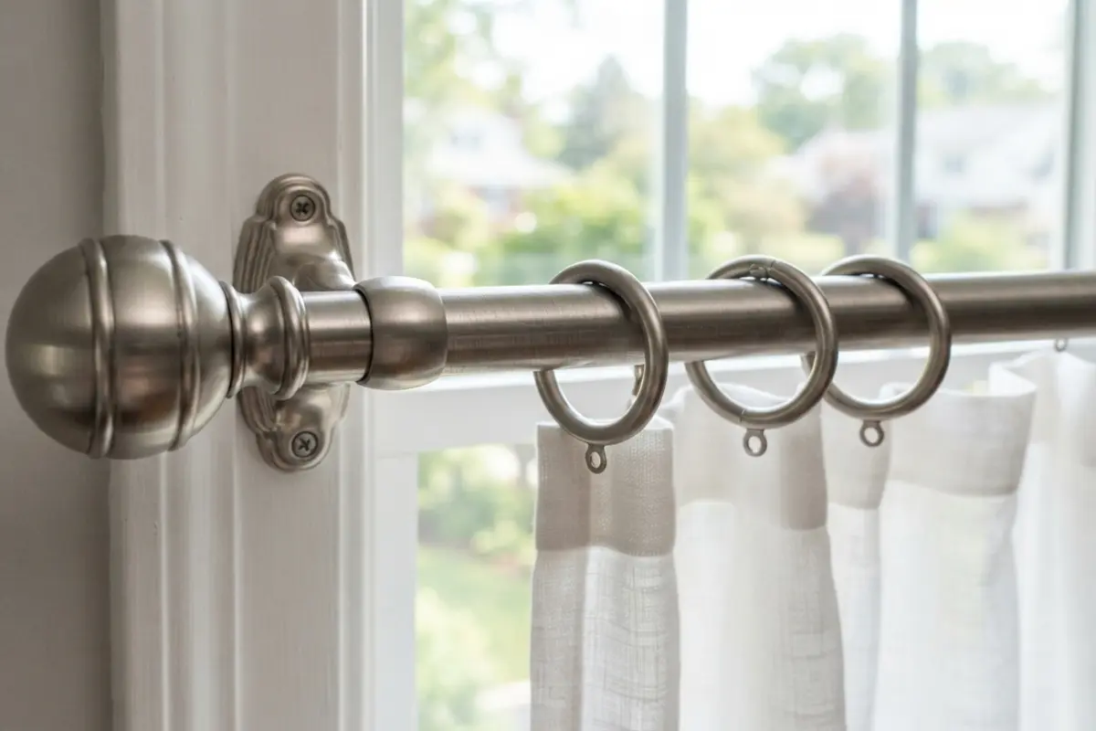 Curtain hardware guide — rod with brackets, finial, and rings holding white curtain panel