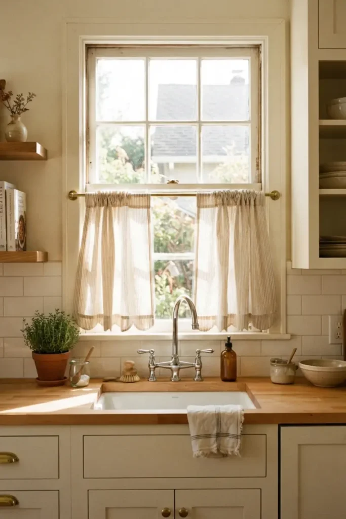 Classic café curtains covering the lower half of a sunny kitchen window above the sink