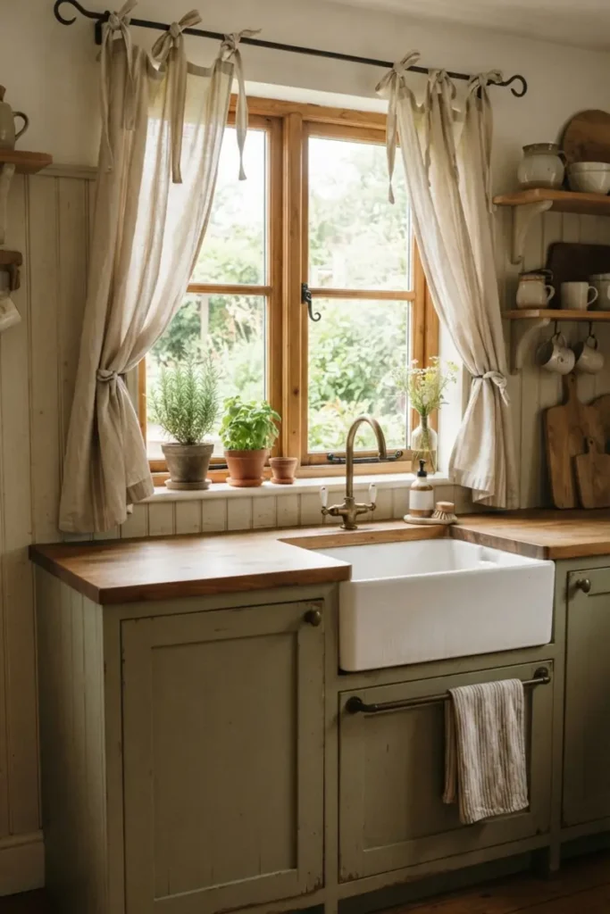 Tie-top curtains with fabric bows knotted around a rod in a relaxed farmhouse kitchen