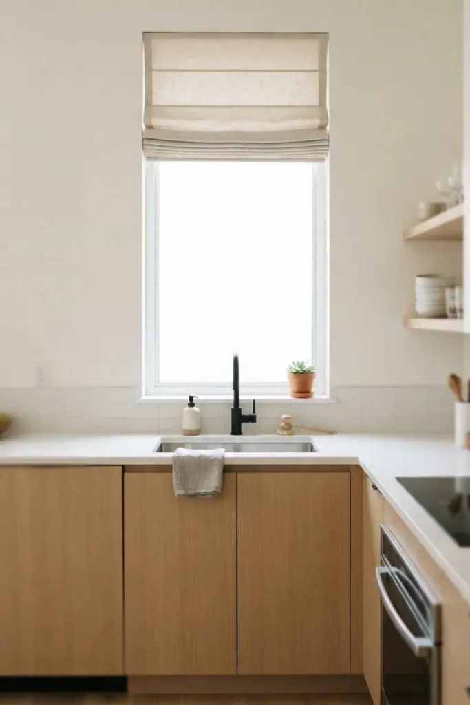 Tailored roman shade with crisp horizontal folds in a clean minimalist kitchen