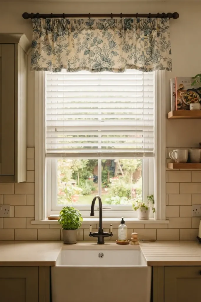 Floral valance paired with white blinds for layered privacy over a kitchen sink window