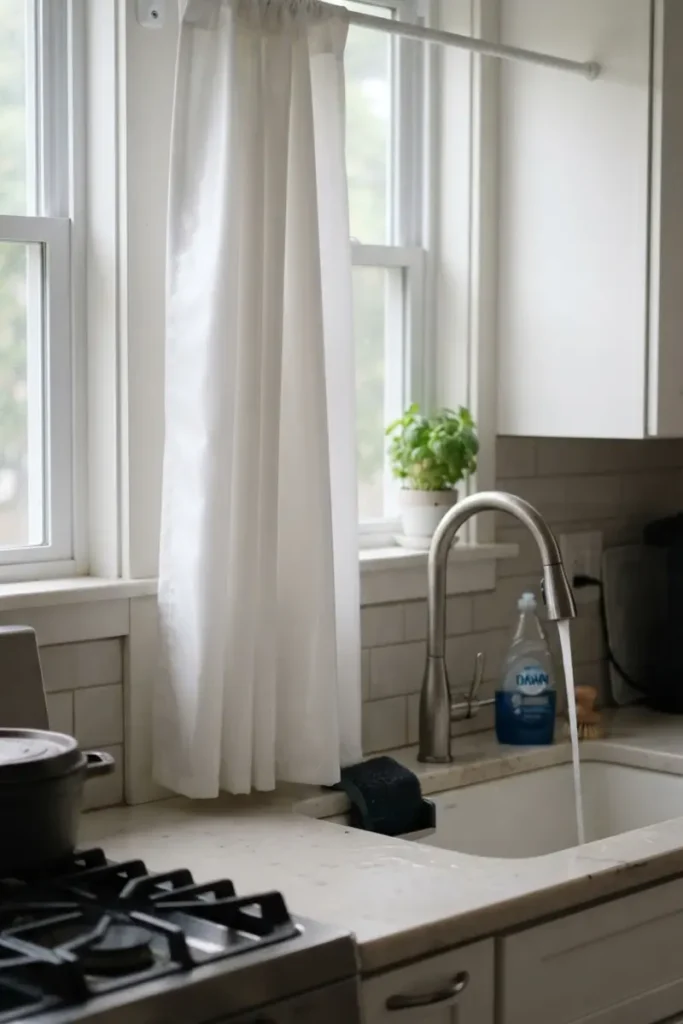 Smooth, easy-clean curtain fabric hanging close to a busy kitchen sink and stove