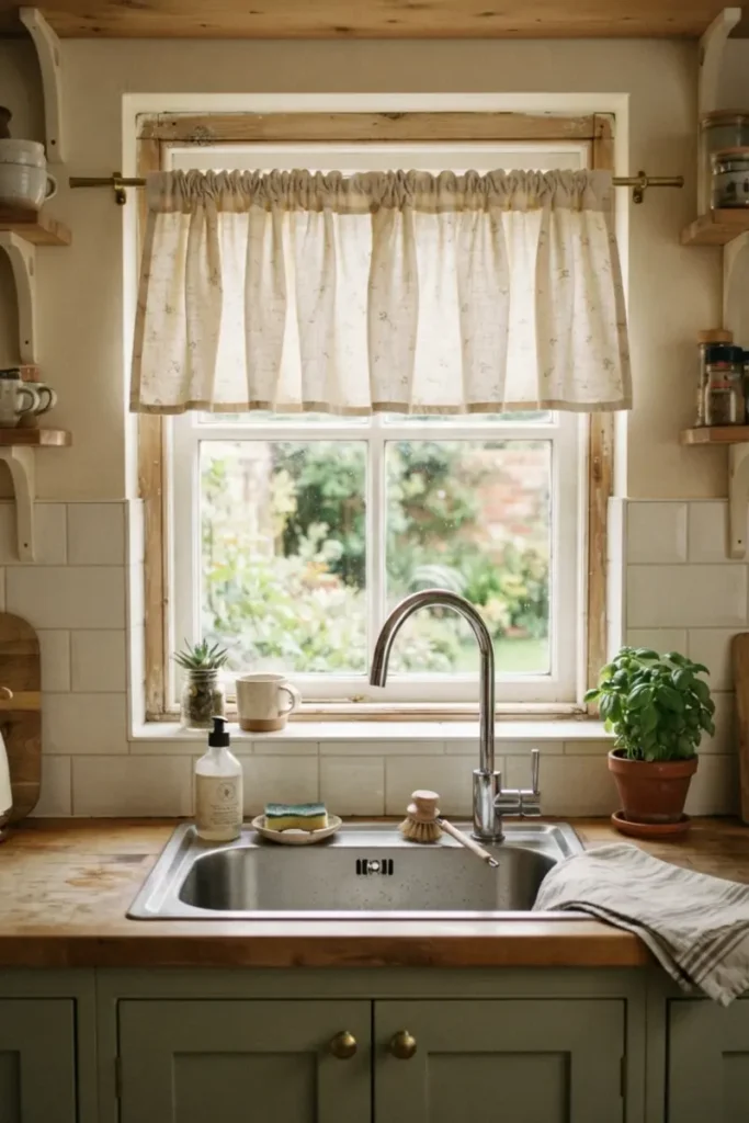 Small gathered rod-pocket curtain hanging above a cozy kitchen sink window