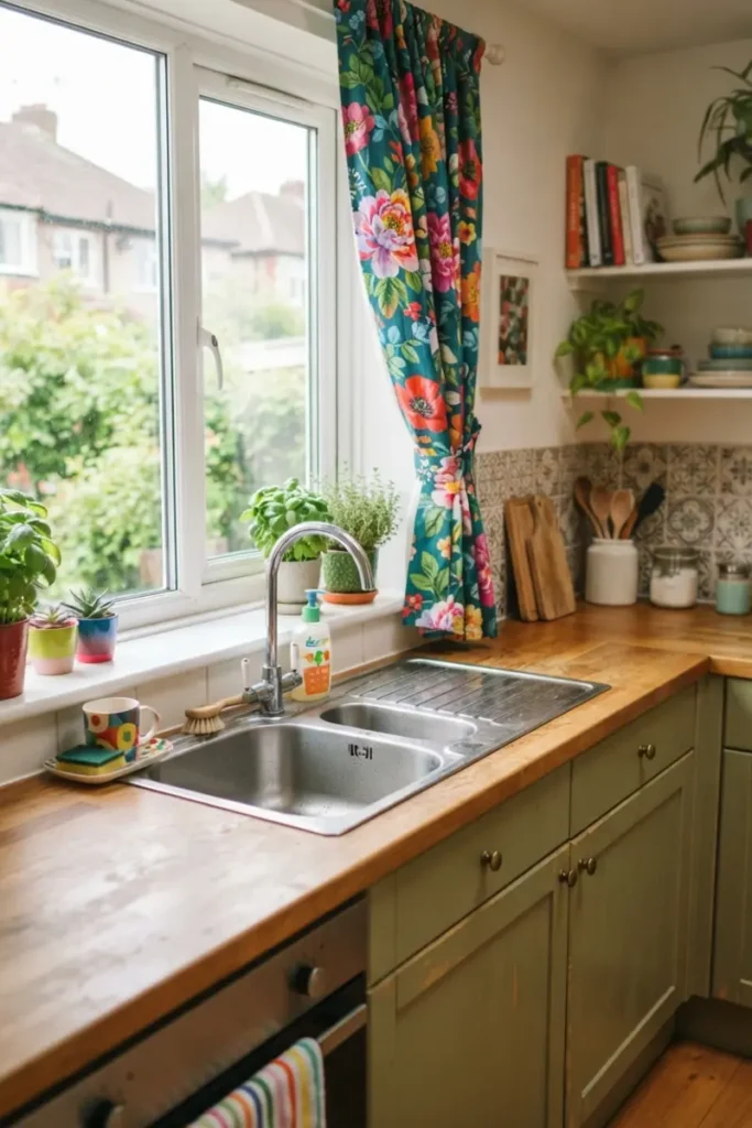 Bold vibrant floral curtain adding color and personality to a cheerful kitchen
