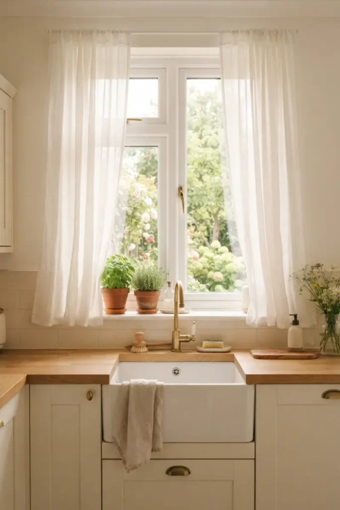 Sheer curtains filtering warm sunlight into a bright, airy kitchen sink window
