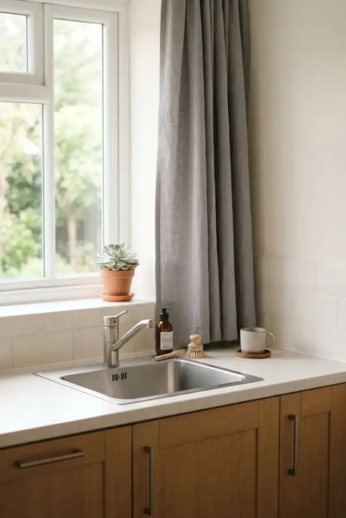 Solid soft grey curtain in a calm, uncluttered minimalist kitchen