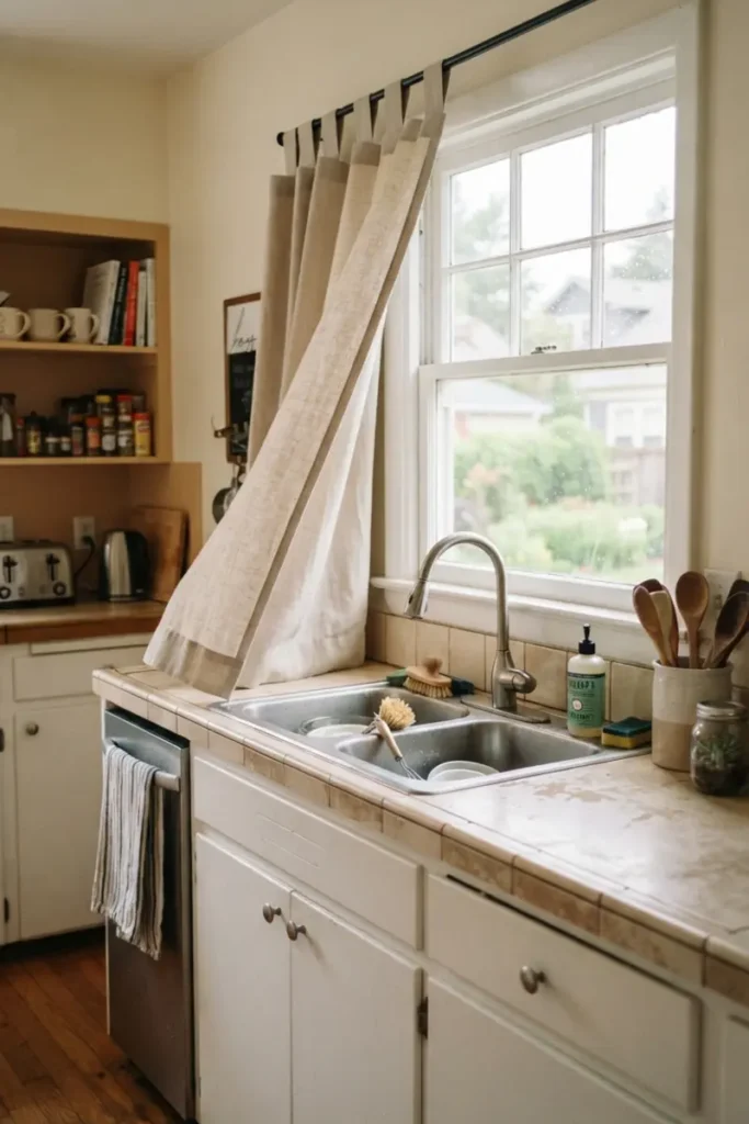 Tab-top curtain with fabric loops sliding easily along the rod in an everyday kitchen