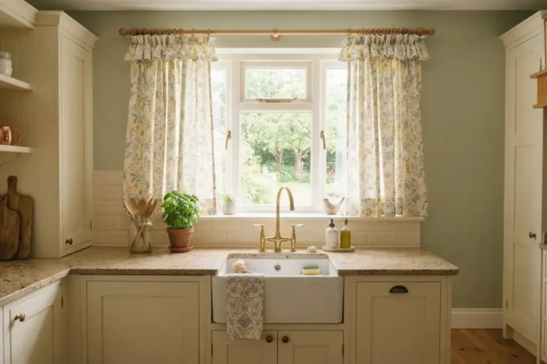 Kitchen curtain ideas: floral valance curtains framing a bright farmhouse sink window
