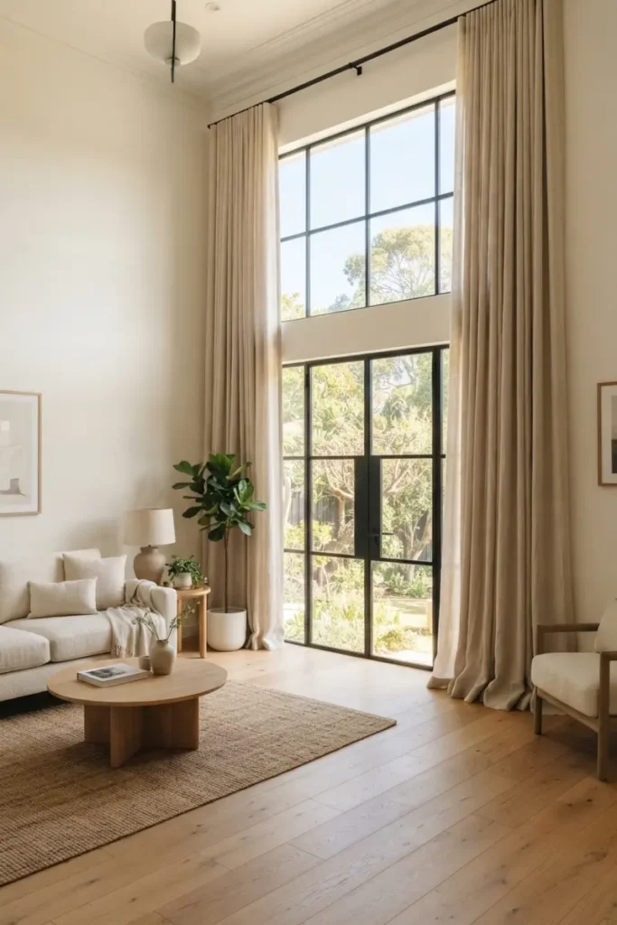 Curtains hung near the ceiling to make a living room window look taller