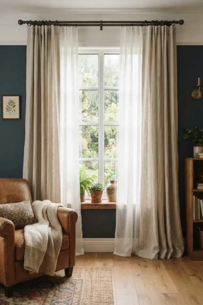 Layered living room curtains combining a sheer panel and a heavier drape