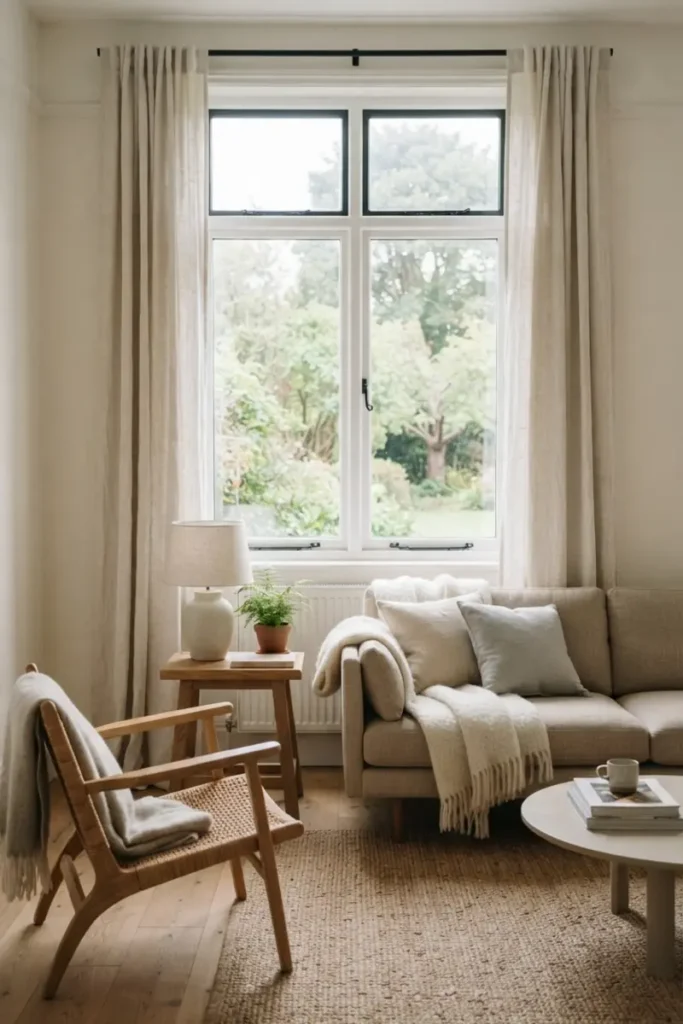 Neutral off-white linen curtains in a simple, timeless living room