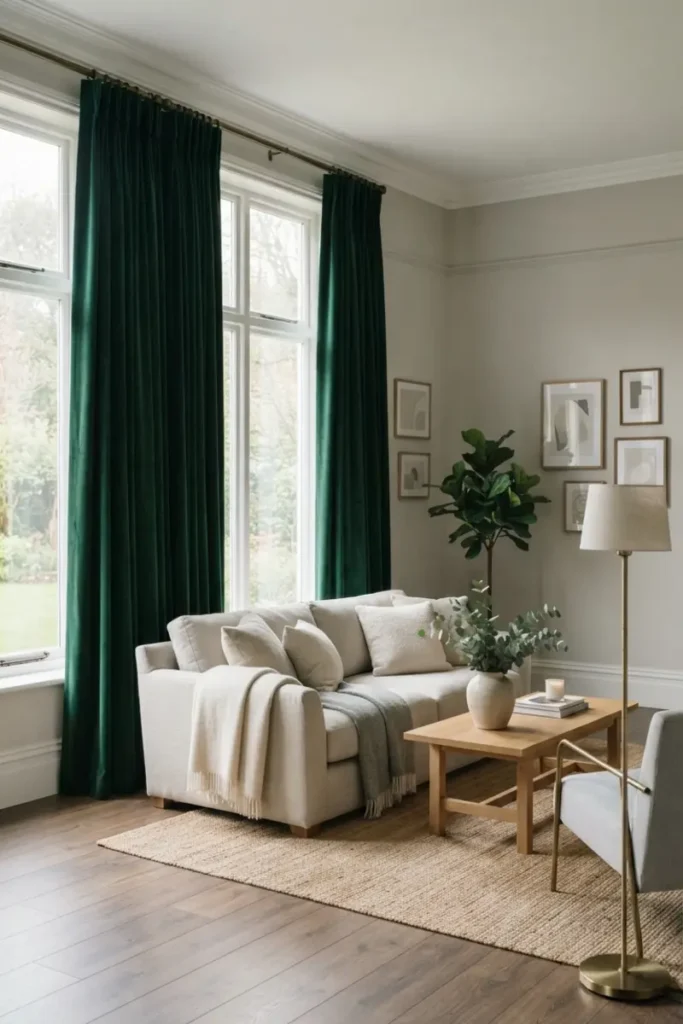 Bold deep green curtains as a statement piece in a neutral living room