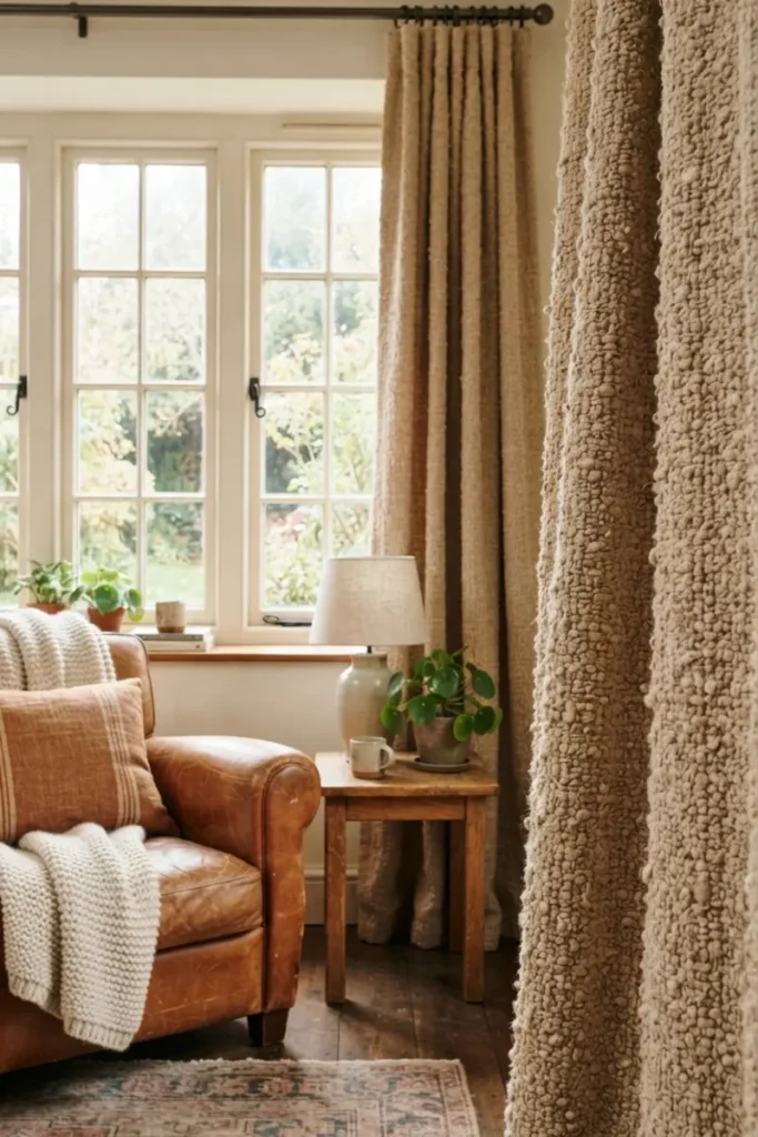 Textured boucle curtains adding cozy warmth to a living room with wood floors