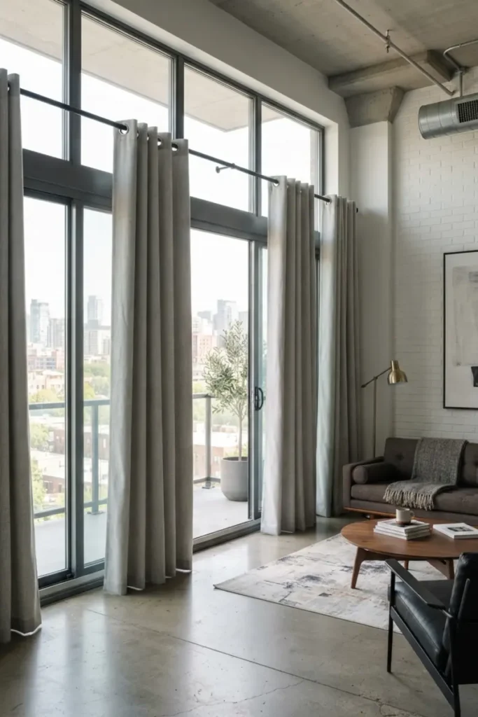 Grommet curtains with metal eyelets in a modern loft-style living room