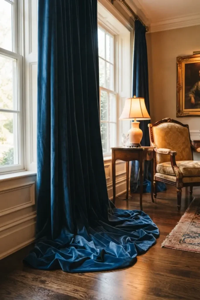 Puddle-length velvet curtains pooling on the floor in a formal living room