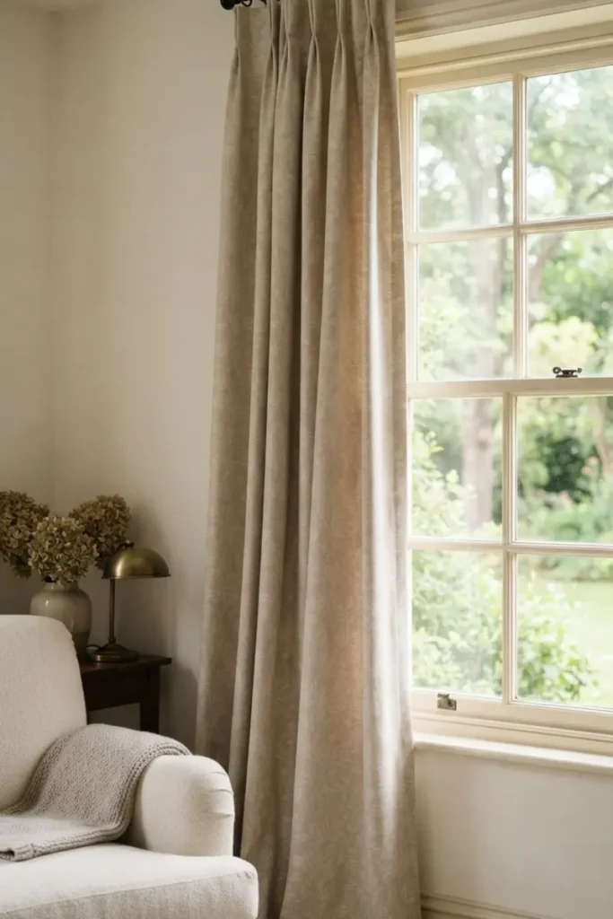Curtains with a subtle tone-on-tone print in a living room