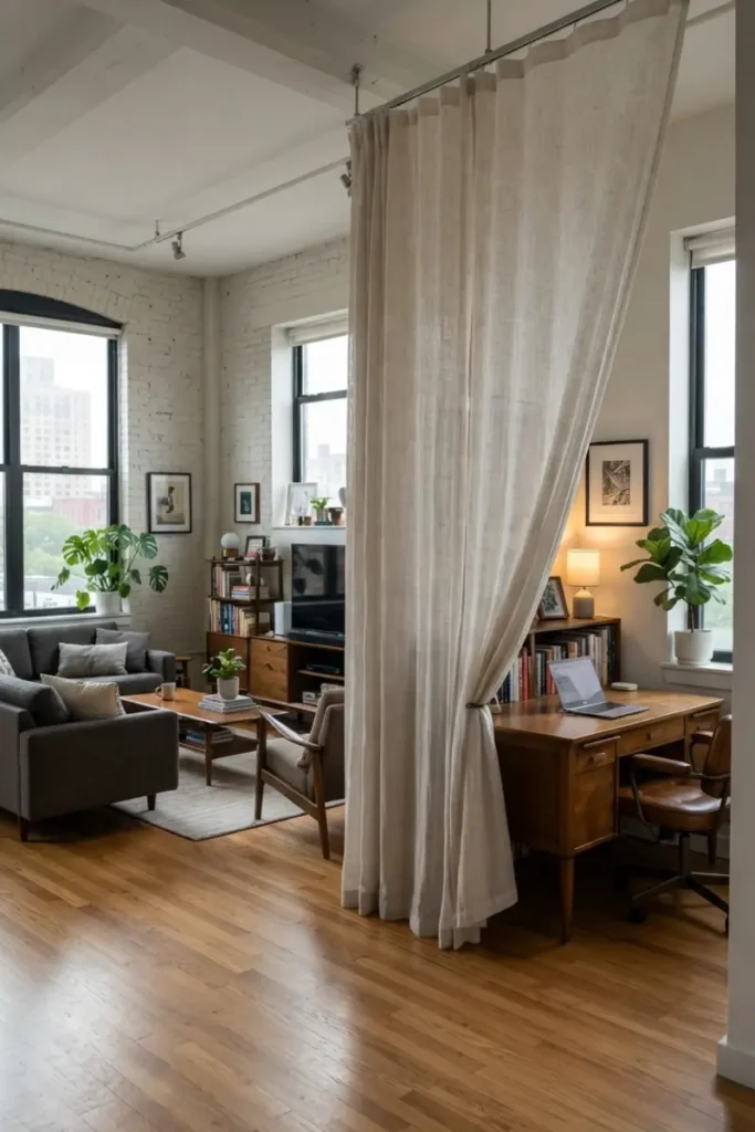 Floor-to-ceiling curtain used as a room divider in an open-plan space