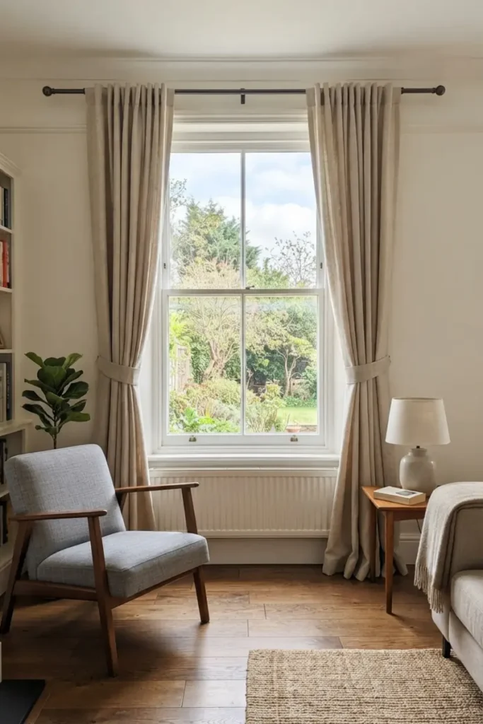 Ready-made curtain panels hung wide and floor-length to look custom