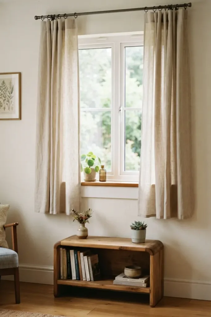 Apron-length curtains hanging past the windowsill above a wooden bookshelf in a living room