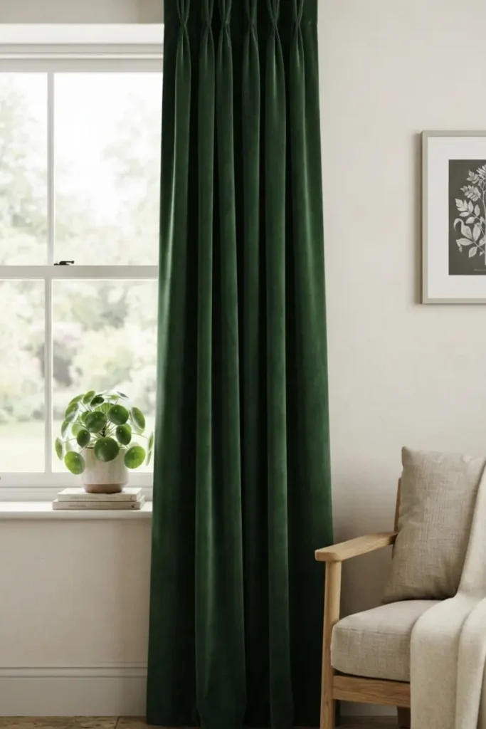 Deep forest green velvet curtain contrasting against cream walls in a living room