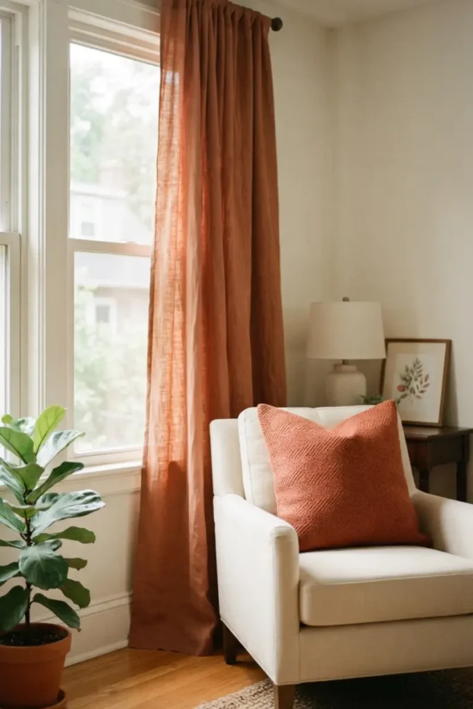 Rust curtain coordinating with matching throw pillow and warm room decor