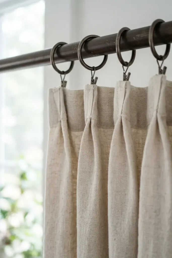 Metal curtain rings with clips sliding on rod holding pinch-pleat linen curtains