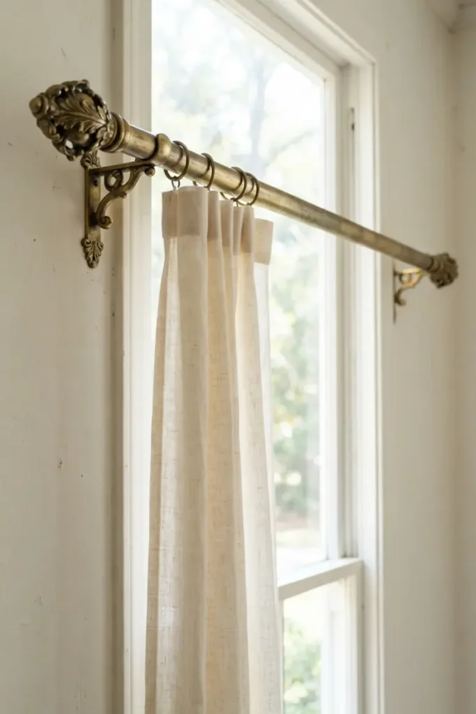 Ornate curtain rod with decorative finials and linen curtain hanging on window