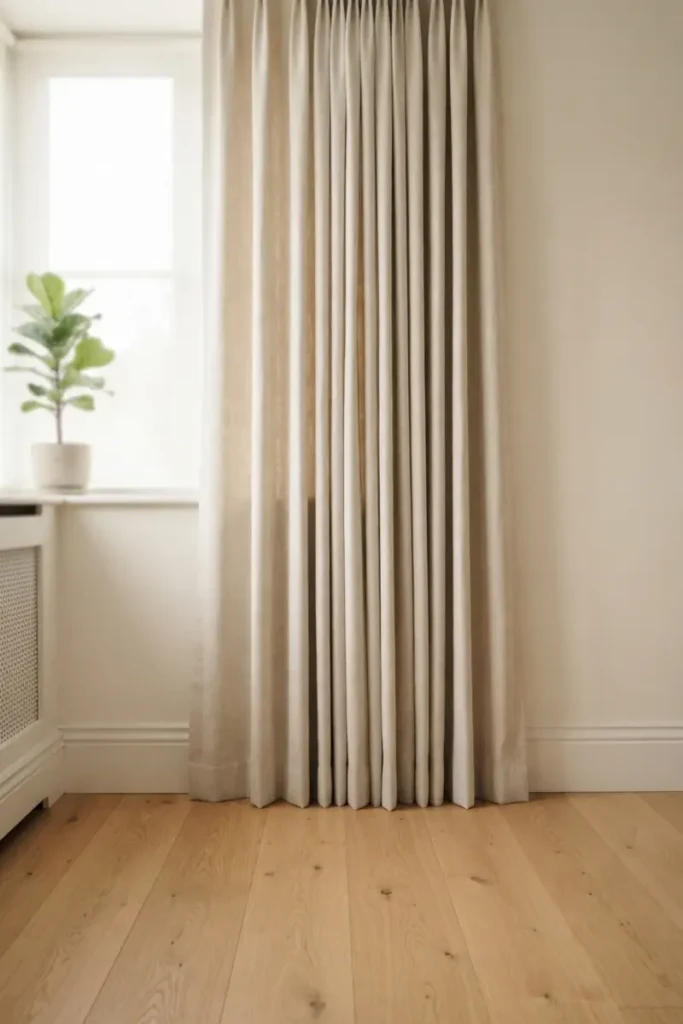 Floor-length curtains grazing hardwood floor near a window with radiator and plant