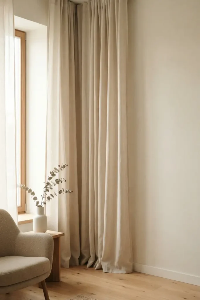 Curtains matching wall paint color creating a seamless blended look in room corner