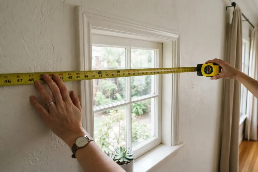 Tape measure extending past window frame with curtain rod visible, measuring for outside mount curtains