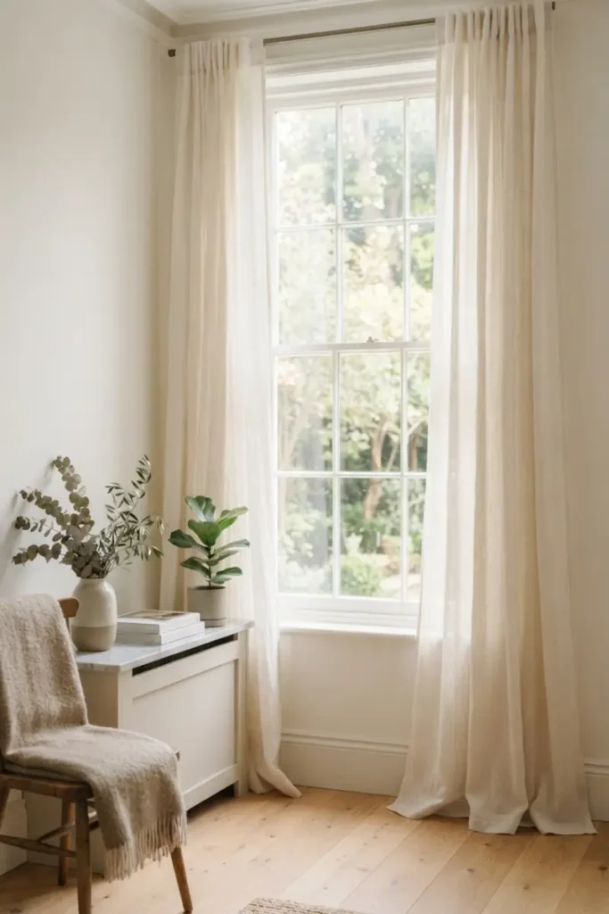 Cream neutral curtains hanging by a bright window in a cozy living room corner