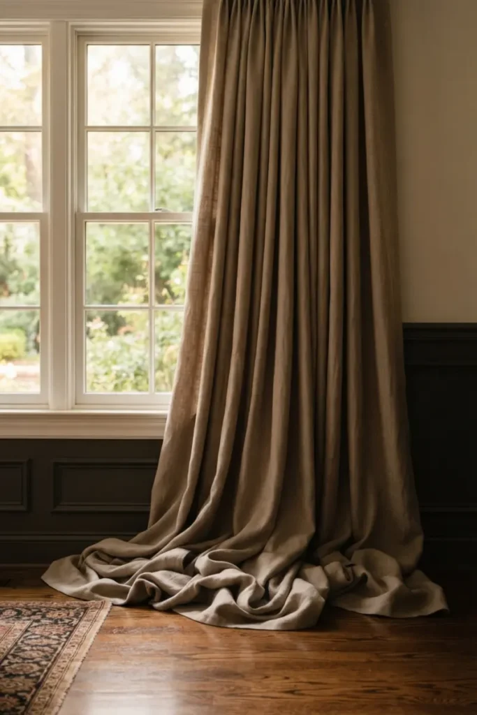 Luxurious puddle-length curtains pooling on hardwood floor in a formal dining room