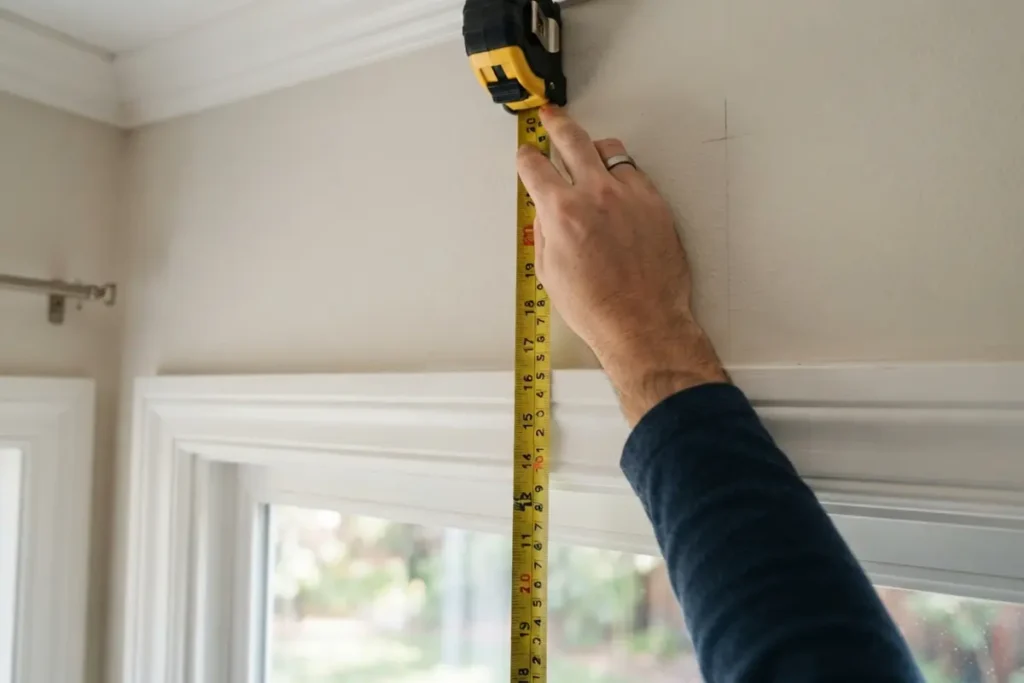 Tape measure showing gap between installed curtain rod bracket and window frame for rod placement