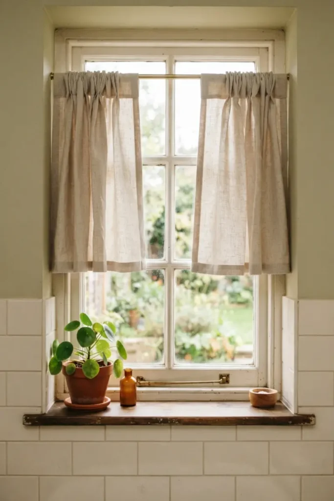 Short sill-length curtains ending at window frame bottom above a tiled kitchen windowsill
