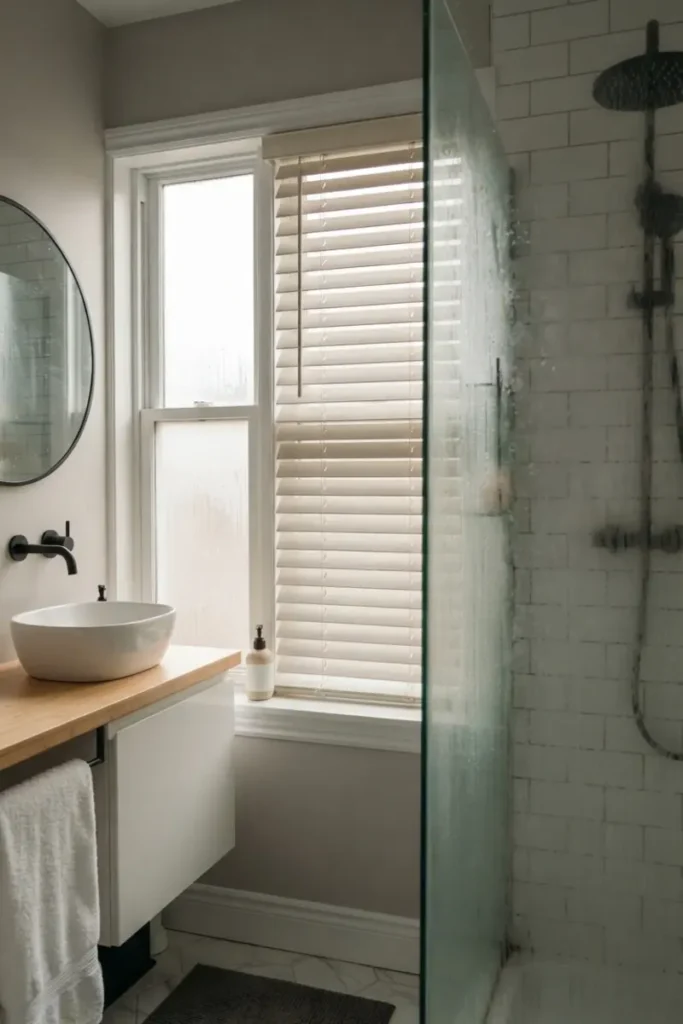 Bathroom blinds guide — faux wood blinds near a steamy shower showing the humid environment they must withstand