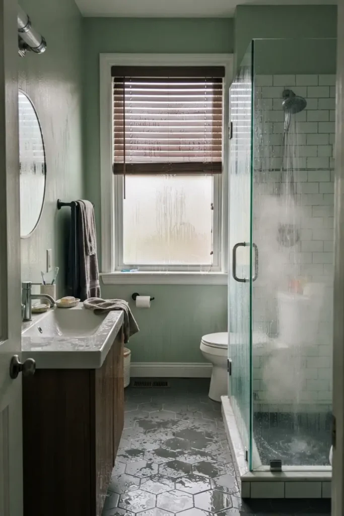 Bathroom blinds guide — full bathroom with faux wood blinds facing steam, water droplets, and daily moisture sources