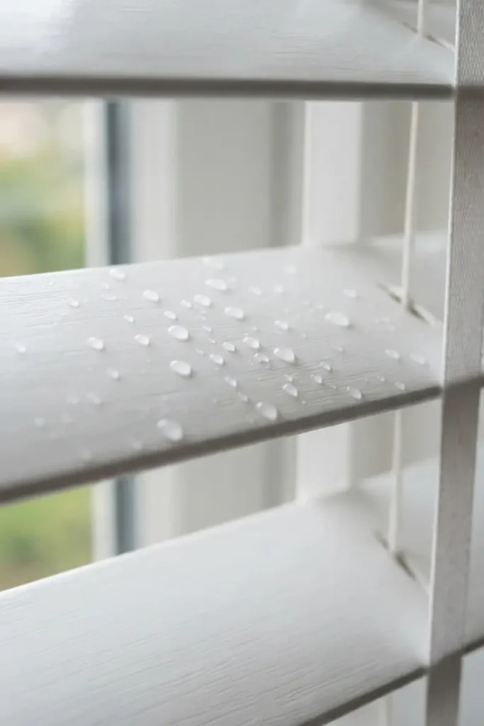 Bathroom blinds guide — close-up of moisture-resistant faux wood blind slats with water beading on the surface