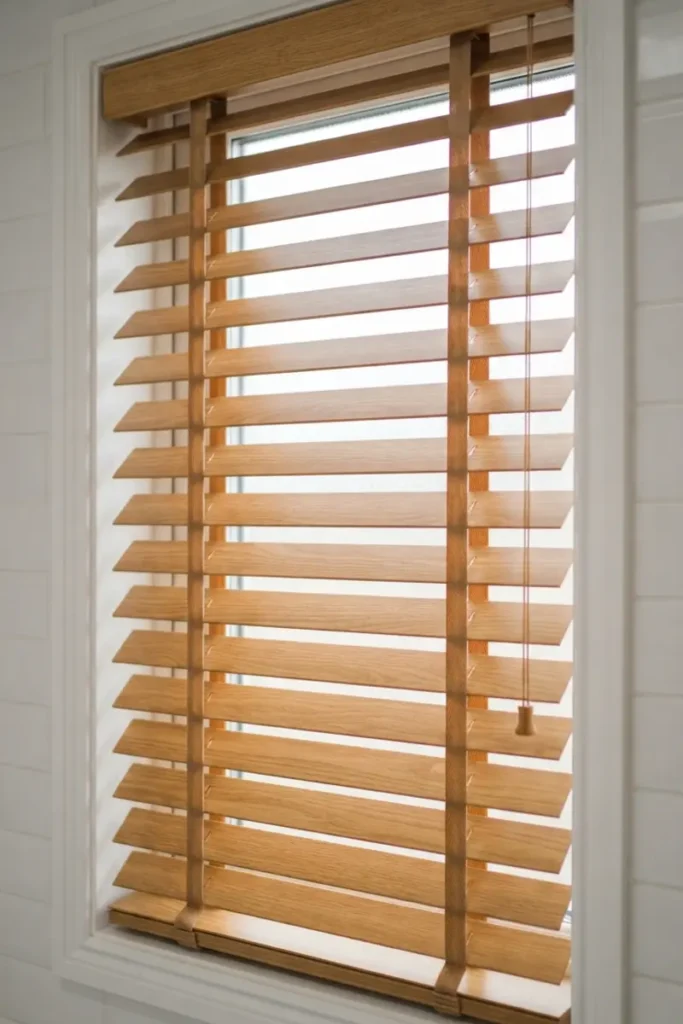 Bathroom blinds guide — warm oak faux wood blinds tilted in a bathroom window with subway tile surround