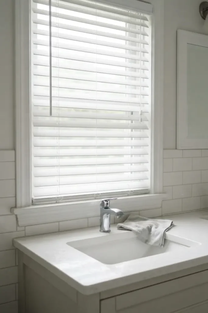 Bathroom blinds guide — smooth white vinyl blinds above a bathroom vanity sink