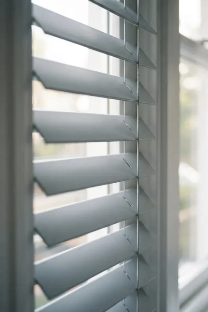 Bathroom blinds guide — close-up of smooth vinyl blind slats filtering soft daylight