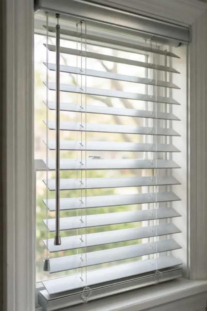 Bathroom blinds guide — silver aluminum venetian blinds tilted in a bright bathroom window