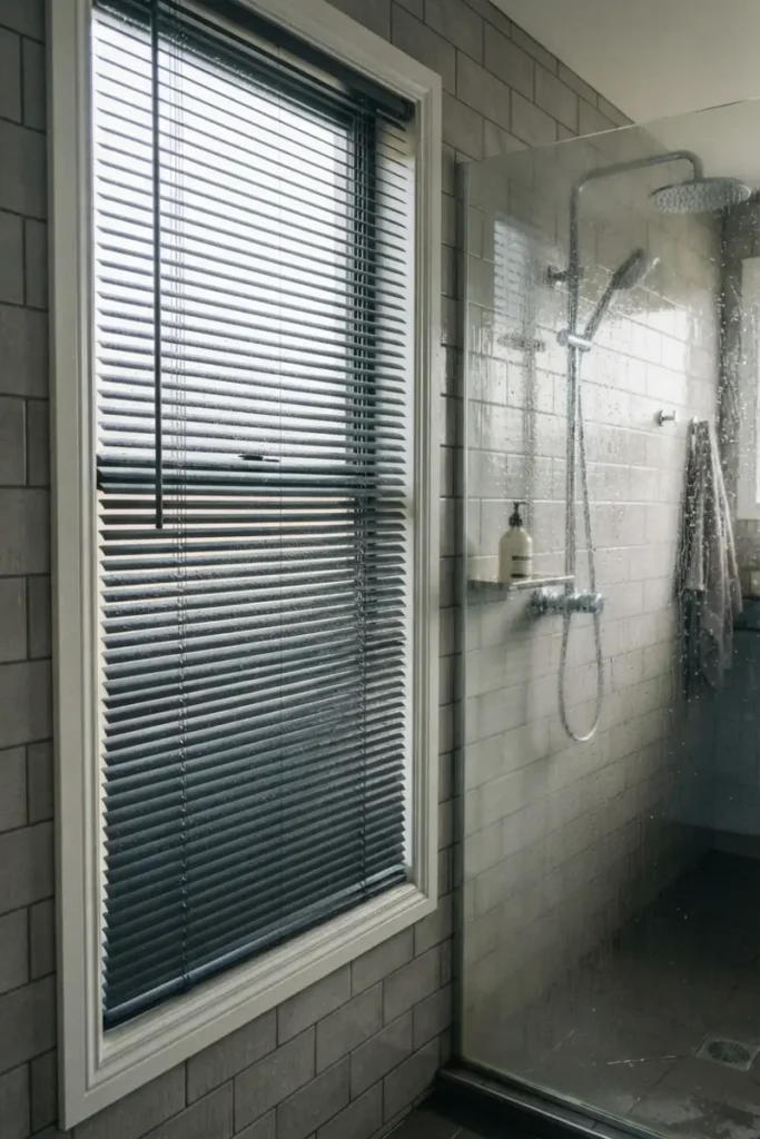 Bathroom blinds guide — aluminum blinds with water droplets beading on the slats in a steamy wet room