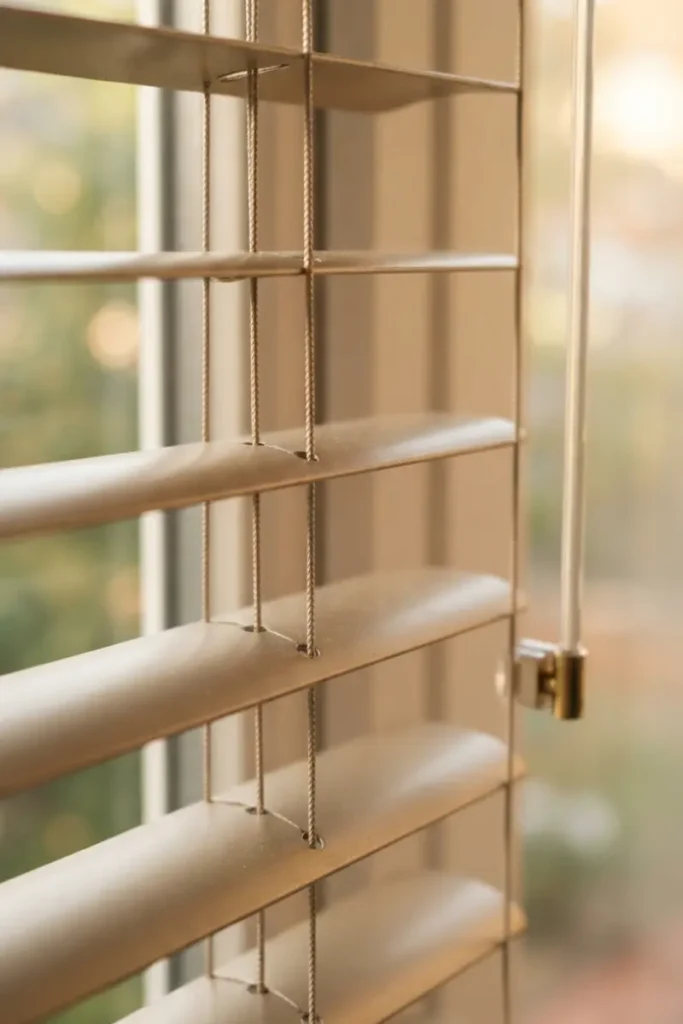 Bathroom blinds guide — close-up of slim aluminum blind slats showing the metallic finish
