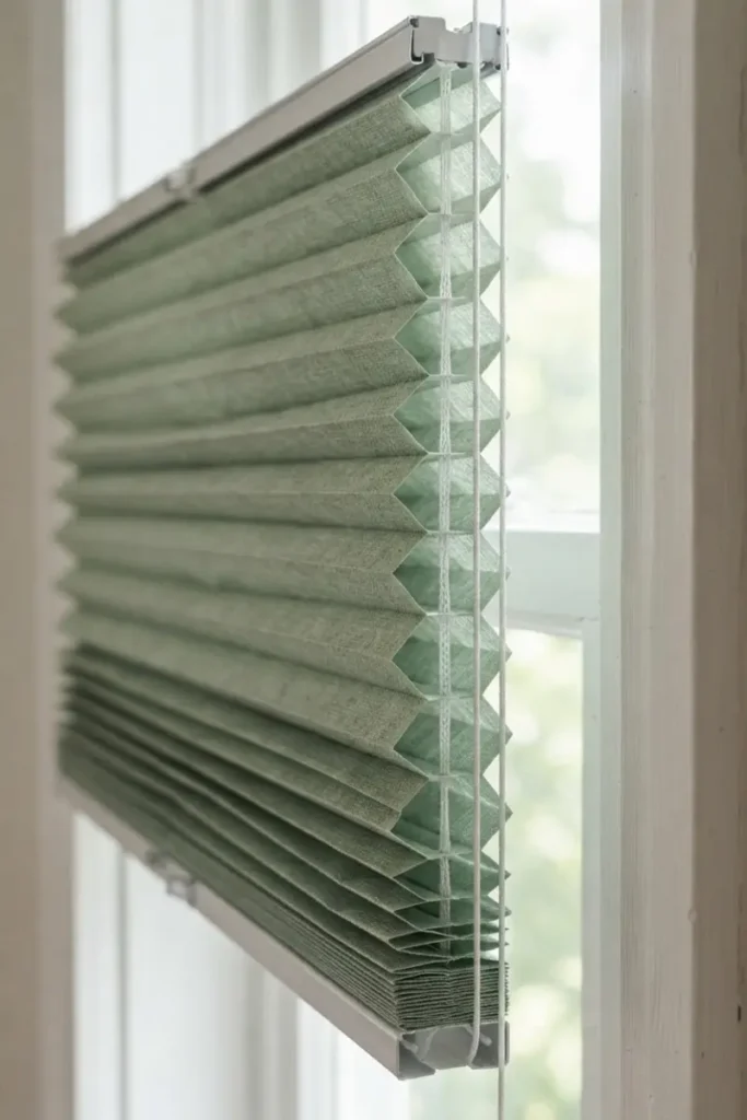 Bathroom blinds guide — close-up of sage green cellular shade honeycomb texture and pleats