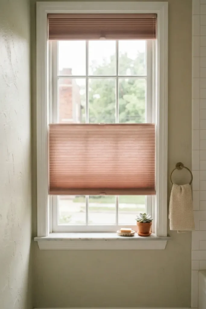 Bathroom blinds guide — blush pink top-down bottom-up cellular shade covering the lower half of a window
